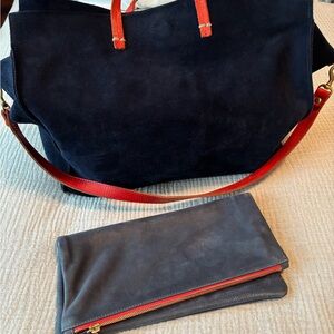 Clare V Navy Suede Tote with Red Leather Straps